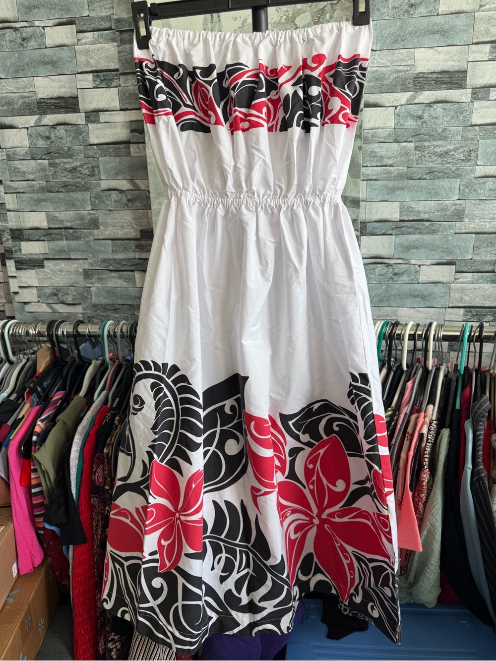 White Strapless Polynesian Floral Maxi Dress with Red & Black Print